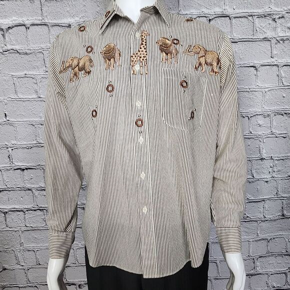 Gepetto Stripe Lion, Giraffe, and Elephant Button Down Shirt, Men's Medium - Picture 2 of 12
